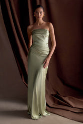 Jasmine Strapless Satin Maxi Dress - Sage